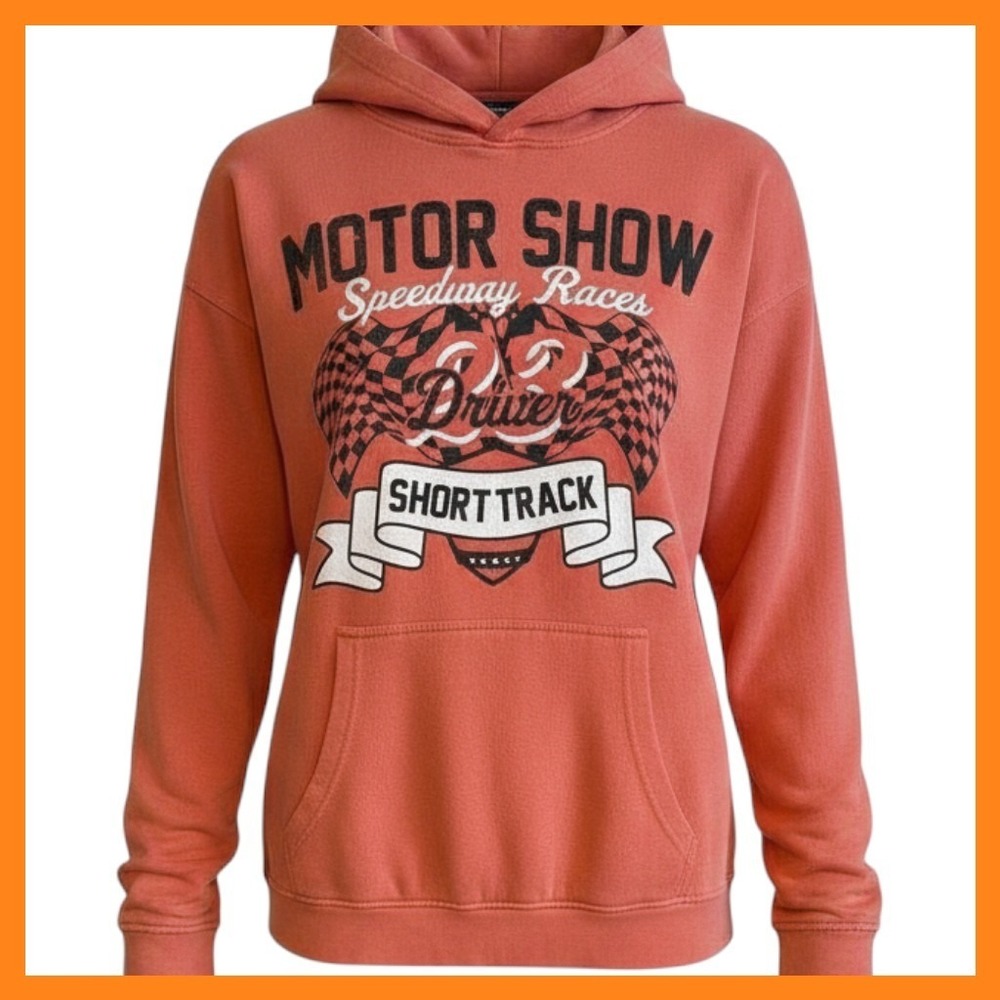 Sugar Flower Orange Motor Show Speedway Graphic Hoodie Women's Size M